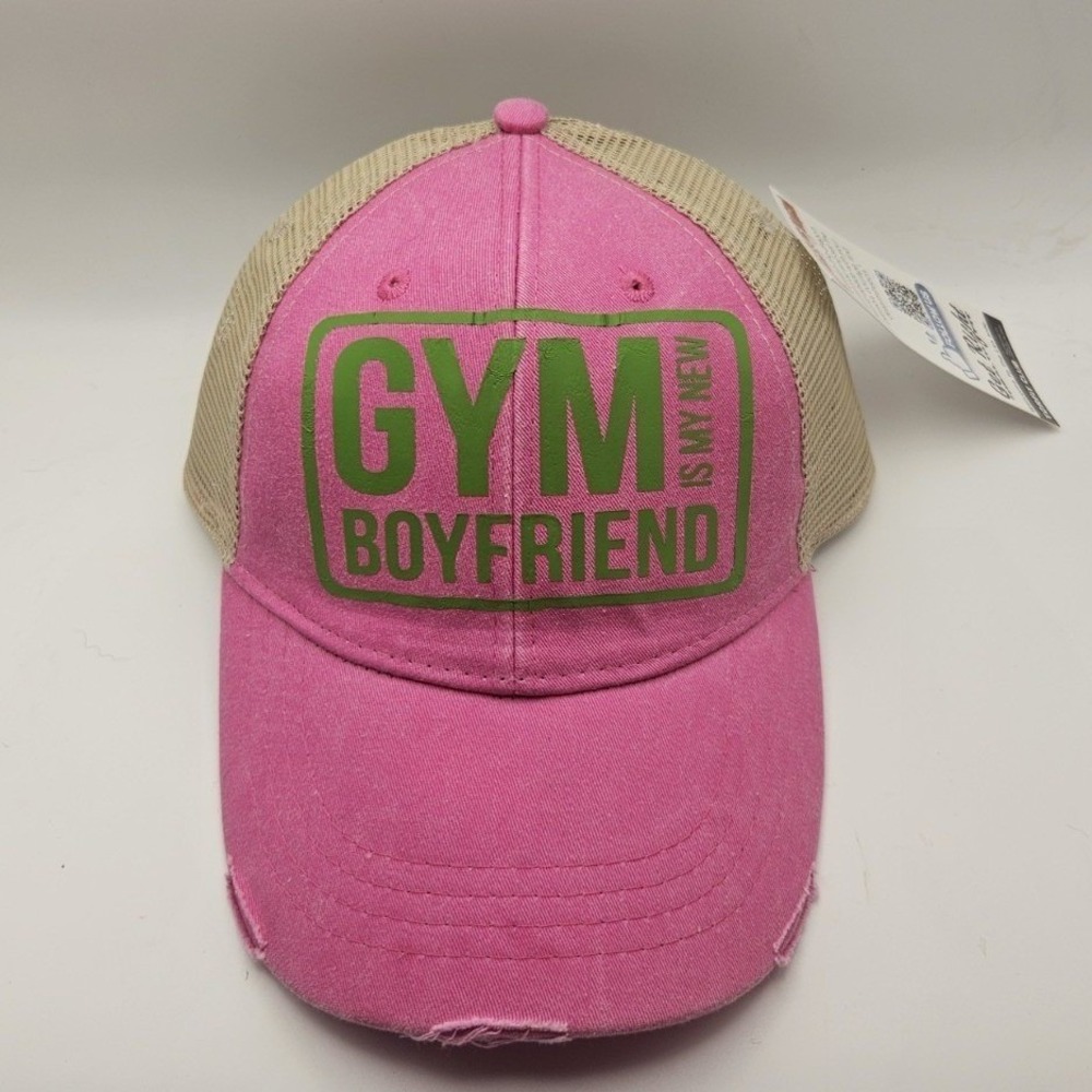 "Gym‎ Is My New Boyfriend" Distressed Trucker Hat Hot Pink NWT Mesh Adjustable